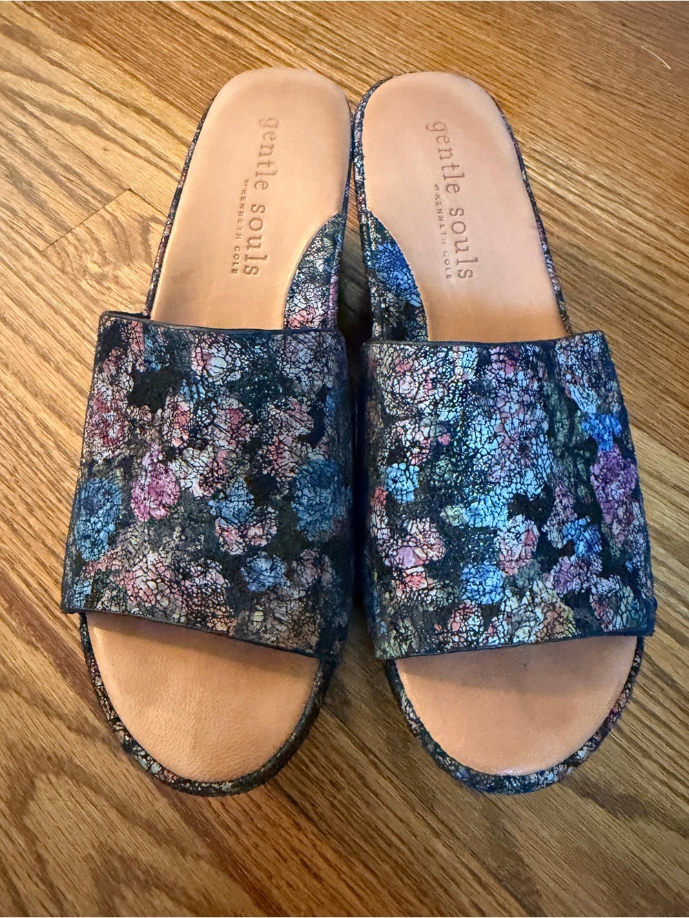 gentle souls Black Floral Metallic Slide Mules